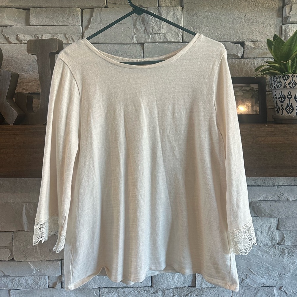 LOFT Cream Long Sleeve Top with Lace Cuffs